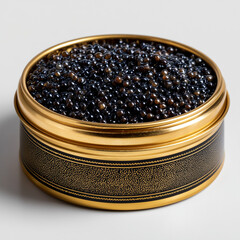 Caviar in a luxurious tin with a golden lid and black pearls  
