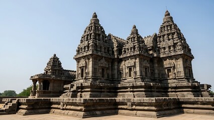 Obraz premium Grand ancient stone temple complex with multiple spires under a clear blue sky, showcasing intricate traditional architecture.