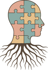 a graphic illustration, depicting a head made of puzzle pieces in pastel colors, connected to roots