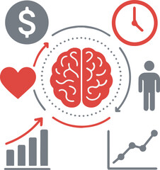 Infographic of brain, currency symbol, clock, heart, human figure, arrows, data representation, light gray and red, circle and line,