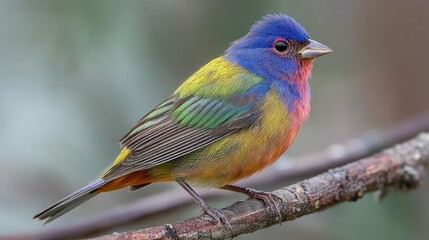 Obraz premium Colorful songbird perched on a branch showcasing vibrant feathers of blue, green, yellow, and red in a beautiful natural setting, highlighting avian beauty