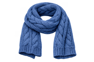 Blue knitted wool scarf featuring a cable knit design, providing warmth and comfort for cold winter weather