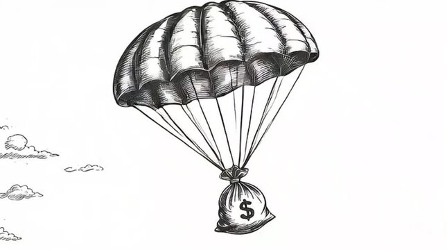 Hand-drawn illustration depicts a money bag parachuting from the sky with clouds, symbolizing financial relief or unexpected income.