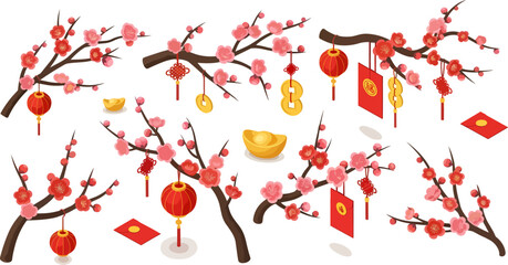 plum blossom tree with lanterns and red envelopes