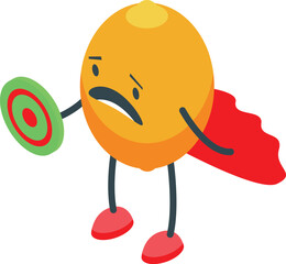 Sad orange fruit superhero with red cape holding a shield protecting himself