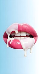 Close up of pink lips with white liquid dripping from mouth on blue background with sensual and beauty and makeup and cosmetics and erotic and gradient