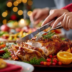 Close-up view shows hands using a sharp knife to portion a glistening roasted poultry main course surrounded by citrus fruit and berries.