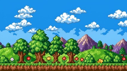 Pixelated cartoon animated landscape background with blue sky, clouds, mountains, and flowers for game or video