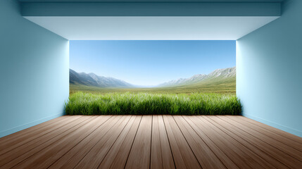 Serene view of mountains and a grassy field from an empty room with blue walls and a wood floor creating a tranquil escape into nature's beauty and tranquility.