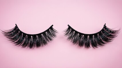 False eyelashes with rhinestones on a pink background for glamour and beauty with makeup and cosmetics and fashion and style and luxury and eye makeup