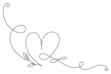 Continuous Line Drawing Heart Icon with Leaves. Hand drawn minimal heart line art design. Abstract doodle romantic love concept for valentine card, wedding invitation, web banner and print. Vector