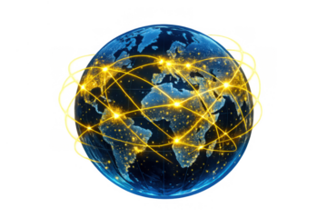 Global network connecting continents with shining points, illustrating worldwide communication and data exchange on a transparent background