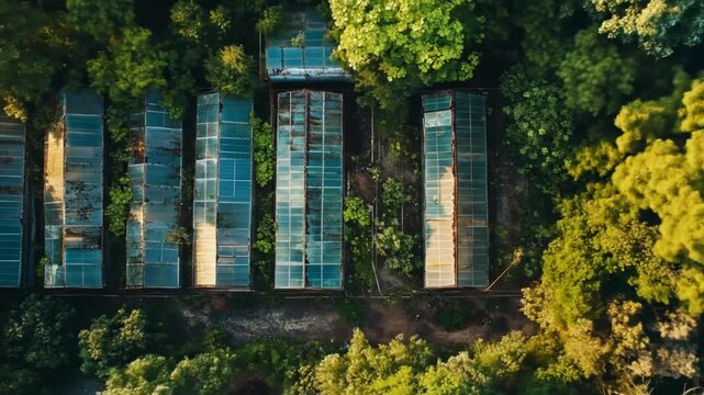 Overhead view of rustic greenhouses