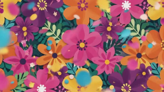 Bright Floral Confetti Burst Animation with Colorful Flower Backdrop and Party Celebrations