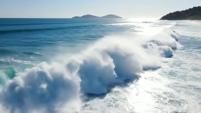 Drone perspective of a powerful wave breaking on a tropical beach in bright sunshine creating white water and foam