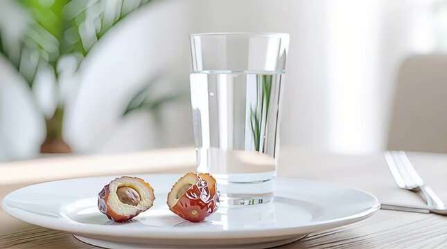 A clear glass of water stands beside two sliced date fruits on a white plate, symbolizing healthy eating and natural refreshment.