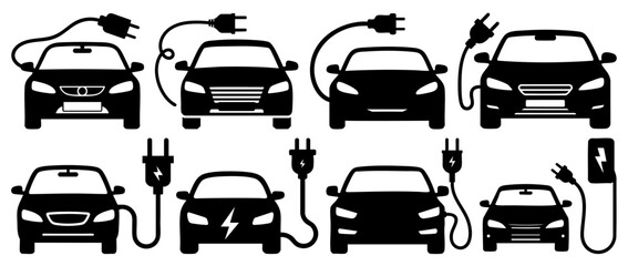Electric Car Silhouette Icon Set with Charging Plug Vector on Transparent Background