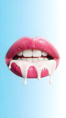 Close up of pink lips with white gooey substance dripping from mouth on blue background with teeth and smile and fun and playful and sweet and food