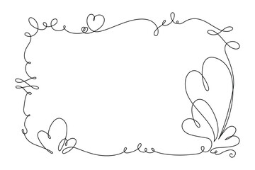 Frame with Continuous Line Drawing Heart Icons. Hand drawn minimal heart line art design. Abstract doodle romantic love concept for valentine card, wedding invitation, web banner and print. Vector