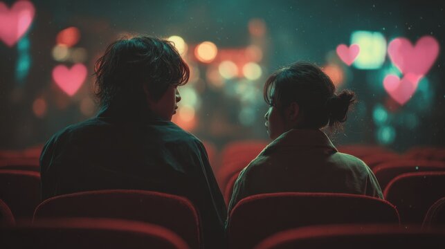 Young romantic loving couple kissing on the red chair in Cinema, relationships and lifestyle concept,bokeh pink heart in cinema,romantic spending time together,Relaxation movie concept.