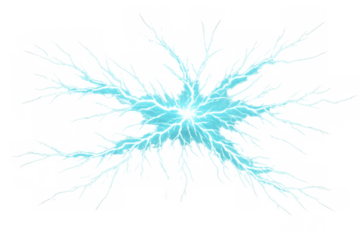 Electric blue lightning strike radiating energy, power, and high voltage plasma burst isolated on a transparent background