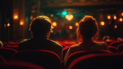 Fototapeta premium Young romantic loving couple kissing on the red chair in Cinema, relationships and lifestyle concept,bokeh pink heart in cinema,romantic spending time together,Relaxation movie concept.