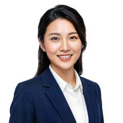 Friendly Professional Asian Woman in Navy Suit with a Warm and Welcoming Smile on Isolated transparent background