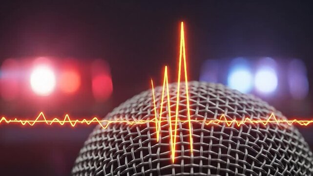Extreme Macro Close-Up Of Microphone Mesh With Digital Waveform