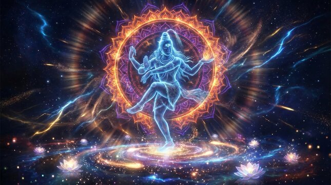 The cosmic dance of Lord Shiva representing the cycle of creation.