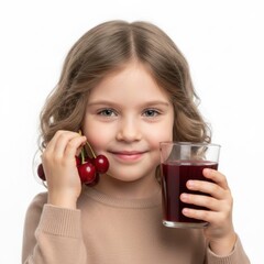 Happy Little Girl Holding Ripe Organic Cherries and a Glass of Fresh Fruit Juice, Healthy Nutrition and Antioxidant Rich Lifestyle Concept on White Background