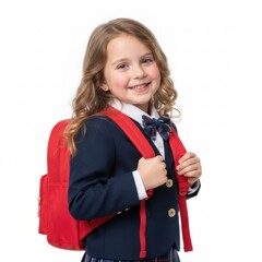 Charming Little Schoolgirl in Classic Blue Uniform with Red Backpack Smiling Ready for First Day of Elementary School, Education and Back to School Concept on White Background