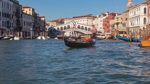 Time lapse Grand Canal traffic and Rialto Bridge, Venice, Italy