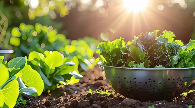 A colander brimming with fresh, organic leafy greens sits on rich garden soil, illuminated by the warm, golden light of the setting sun.