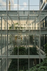 Obraz premium Modern office building interior with lush green plants and glass walls