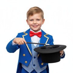 Cheerful Little Schoolgirl in Classic Blue Uniform Carrying Red Backpack Smiling for First Day of Elementary School, Education and Back to School Concept on White Background