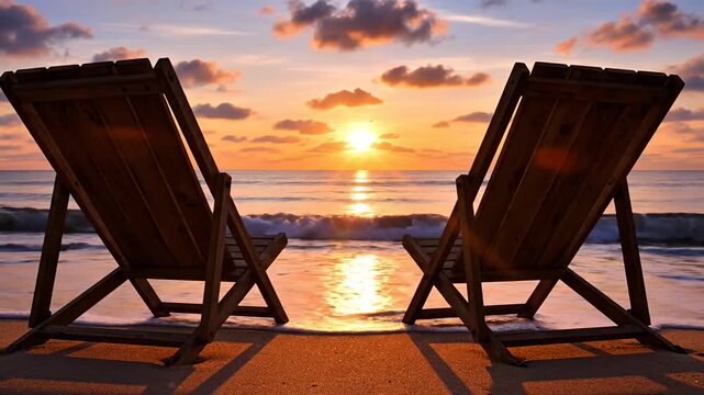 Two empty beach chairs facing a beautiful sunset over the ocean.