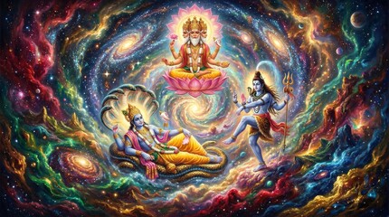 Obraz premium The Hindu Trinity (Trimurti) representing creation, preservation, and destruction.