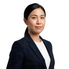 Confident young Asian businesswoman in a professional suit, looking directly at the camera with a serious expression, on an isolated transparent background.