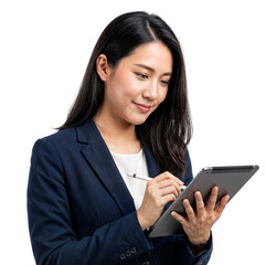 Focused young Asian businesswoman using a stylus pen on a digital tablet with concentration, on an isolated transparent background.