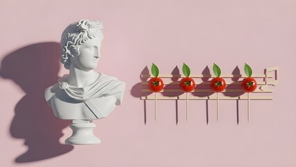 White marble bust of a man with curly hair next to skewers of tomatoes on a pink background with shadows with still life and sculpture and food