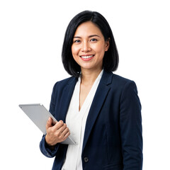 Happy young Asian businesswoman holding a digital tablet, looking at camera with a friendly smile, on an isolated transparent background.