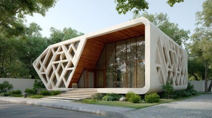 Modern Geometric Architectural Design: Futuristic Concrete Building with Nature Integration