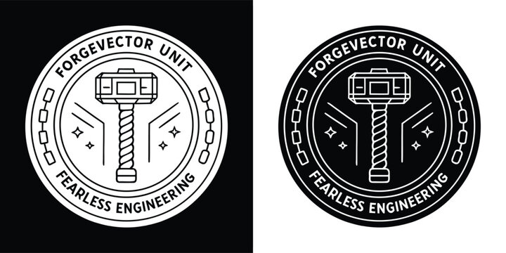 Black and white logo design featuring a stylized mythological hammer within a circular emblem for forgevector unit engineering
