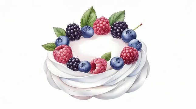 An appetizing meringue cake adorned with a vibrant assortment of fresh raspberries, blueberries, and blackberries, perfect for sweet cravings.