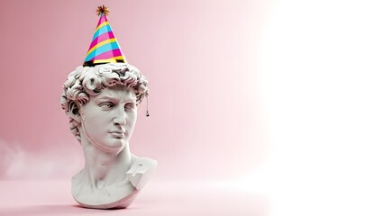 David bust statue wearing colorful party hat on pink background for celebrations and festivities with festivity and fun and whimsical and playful