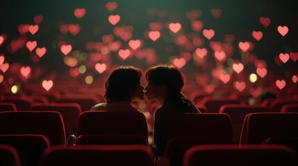 Young romantic loving couple kissing on the red chair in Cinema, relationships and lifestyle concept,bokeh pink heart in cinema,romantic spending time together,Relaxation movie concept.