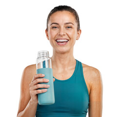Enthusiastic young Caucasian woman smiling broadly and holding a light blue water bottle, isolated transparent background.