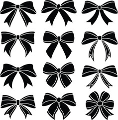 A collection of twelve elegant black bow silhouettes with various designs perfect for gift wrapping and decoration