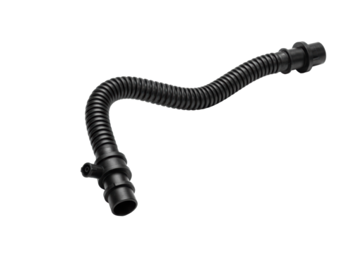 A black plastic automotive crankcase breather hose with corrugated pipe isolated on a white studio background with copy space. Concept of car spare parts. - Powered by Adobe