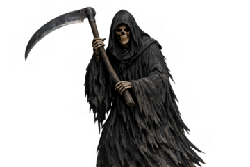 Grim reaper standing with scythe, representing death, mortality, and the afterlife concept on transparent background